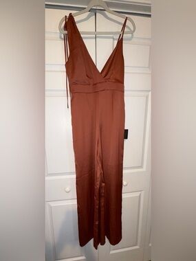 Lulu's Copper Satin Plunging V-Neck Jumpsuit